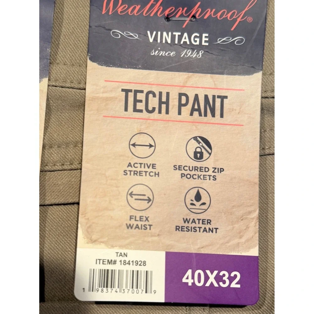 NWT Weatherproof Vintage Mens Tech Pant Tan 40x32 Straight Fit Water Resistant
